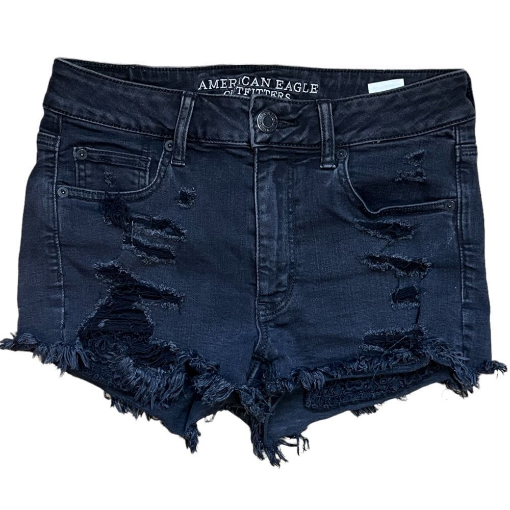 American Eagle Hi-Rise Festival Black Distressed Shorts Size 6
